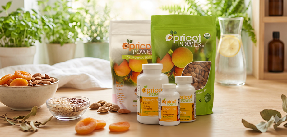 Apricot Power apricot seeds, capsules and B17 supplements on a kitchen counter